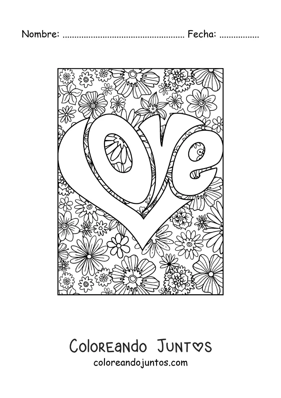 Imagen para colorear de corazón de letras que dicen love