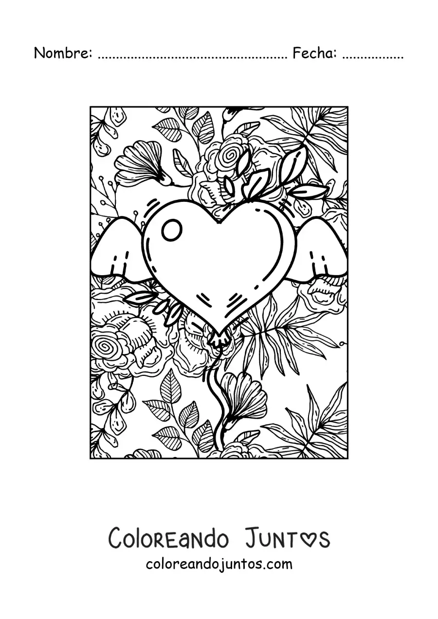 Imagen para colorear de corazón con alas y flores