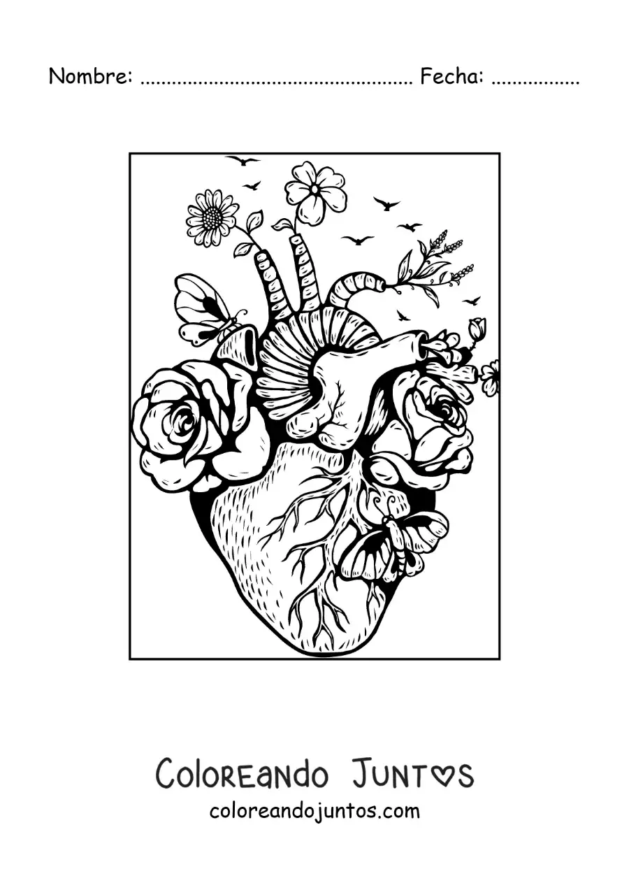Imagen para colorear de corazón realista con flores