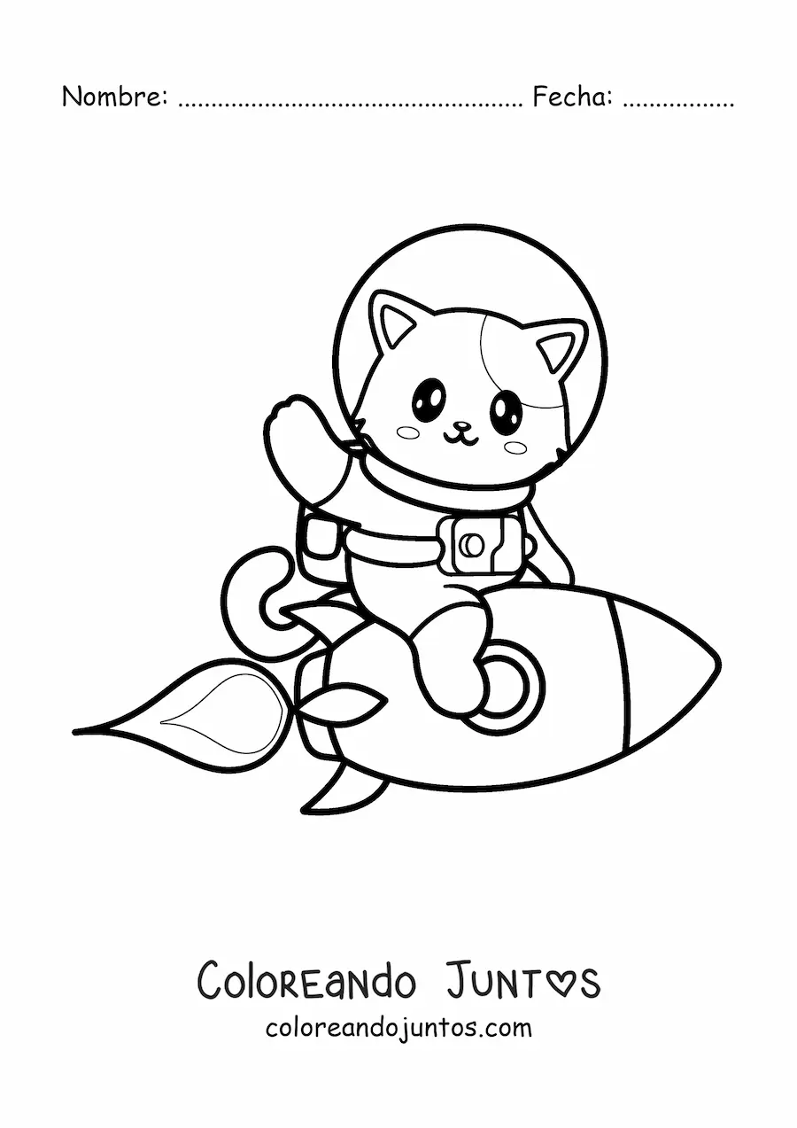 Imagen para colorear de un gato animado con traje espacial sobre un cohete