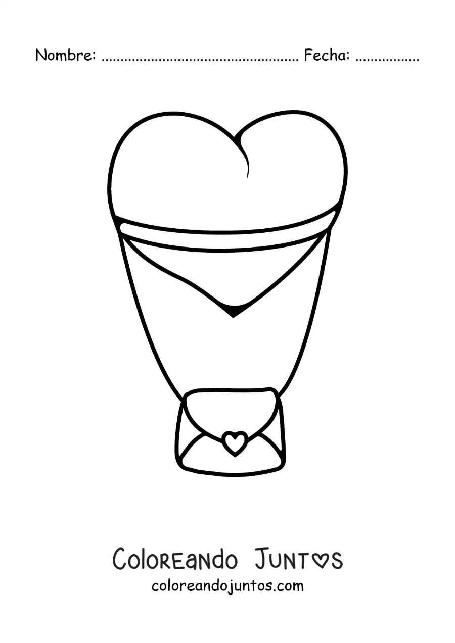 Imagen para colorear de globo con forma de corazón atado a una carta de amor