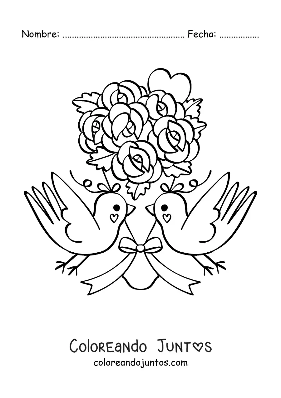 Imagen para colorear de hermoso ramo de rosas con aves y un corazón