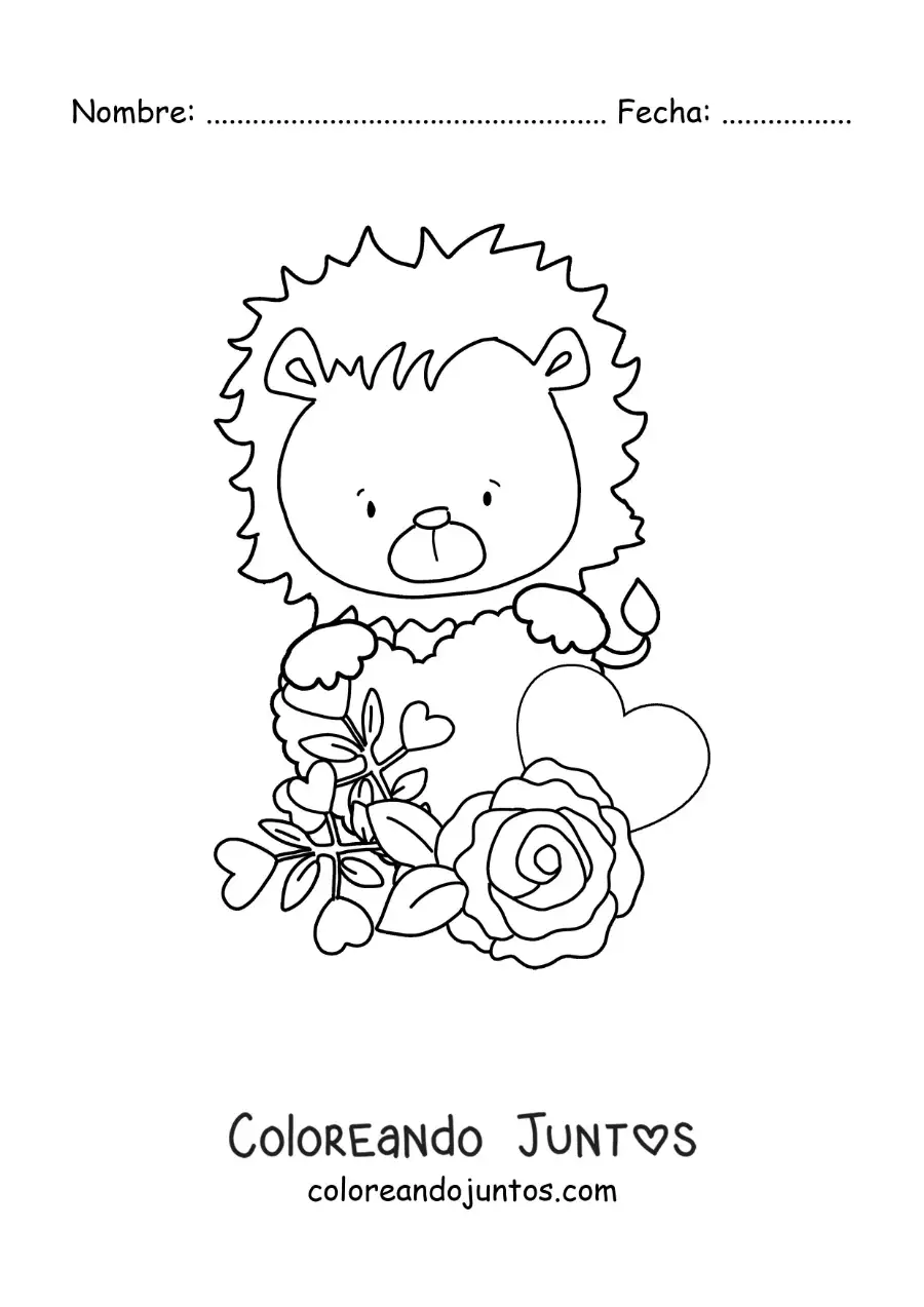 Imagen para colorear de león animado con rosas y corazones de san valentín