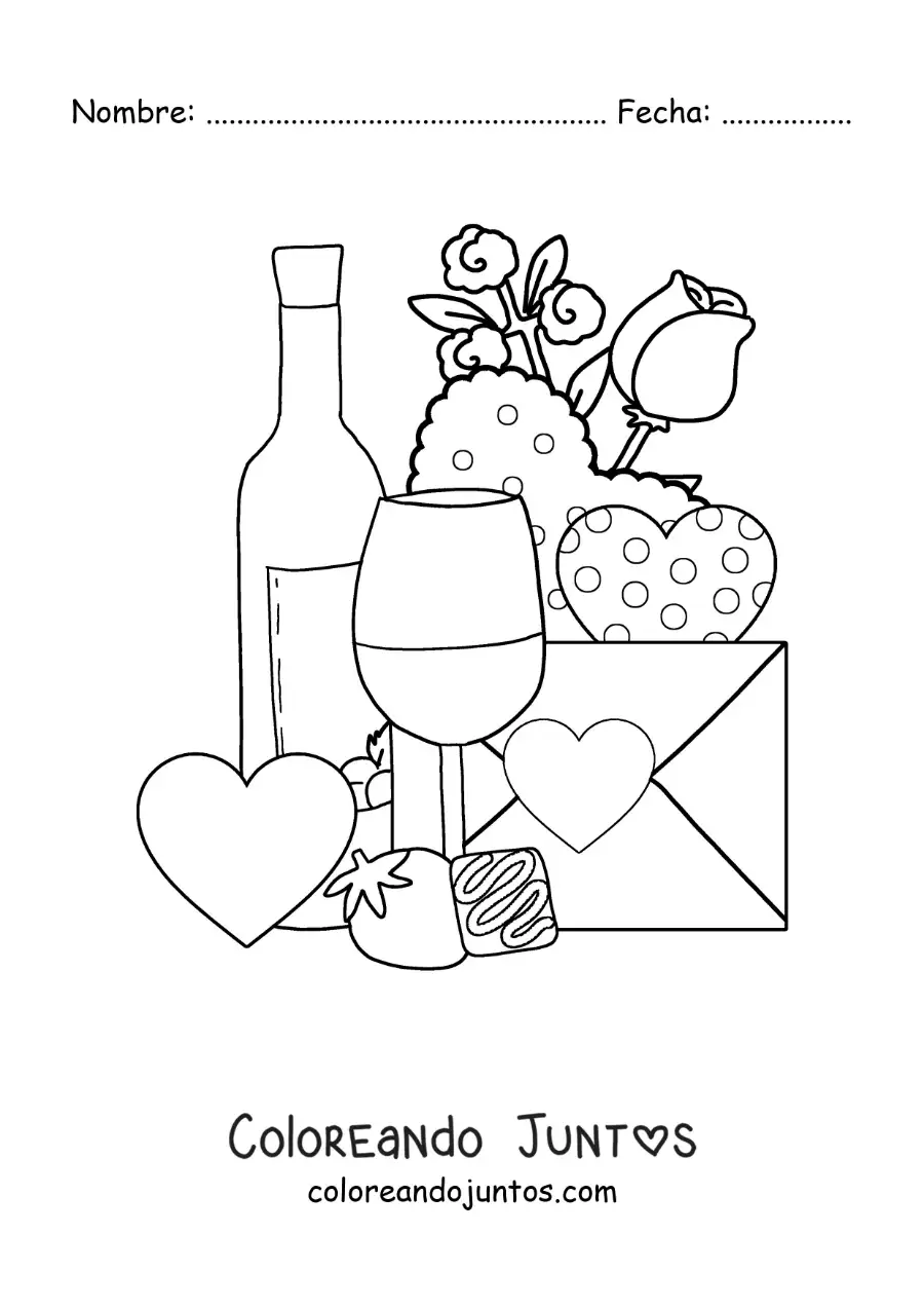 Imagen para colorear de botella de vino con corazones, rosas y una carta de amor