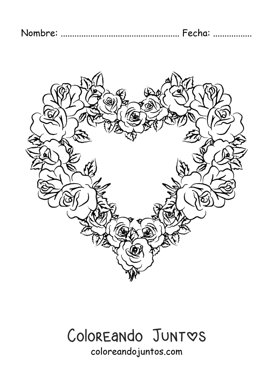 Imagen para colorear de arreglo de rosas con forma de corazón
