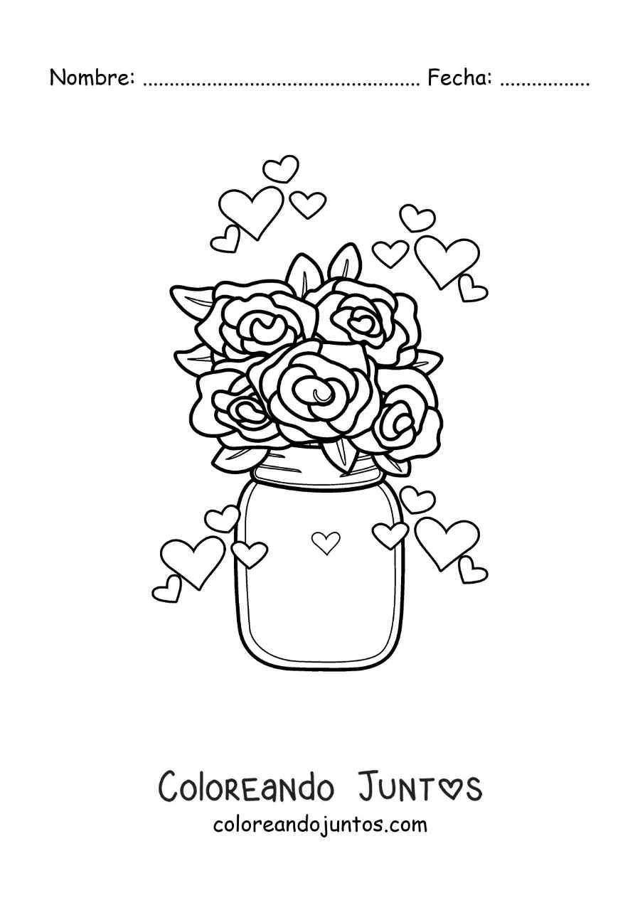 Imagen para colorear de ramo de rosas en un florero con corazones