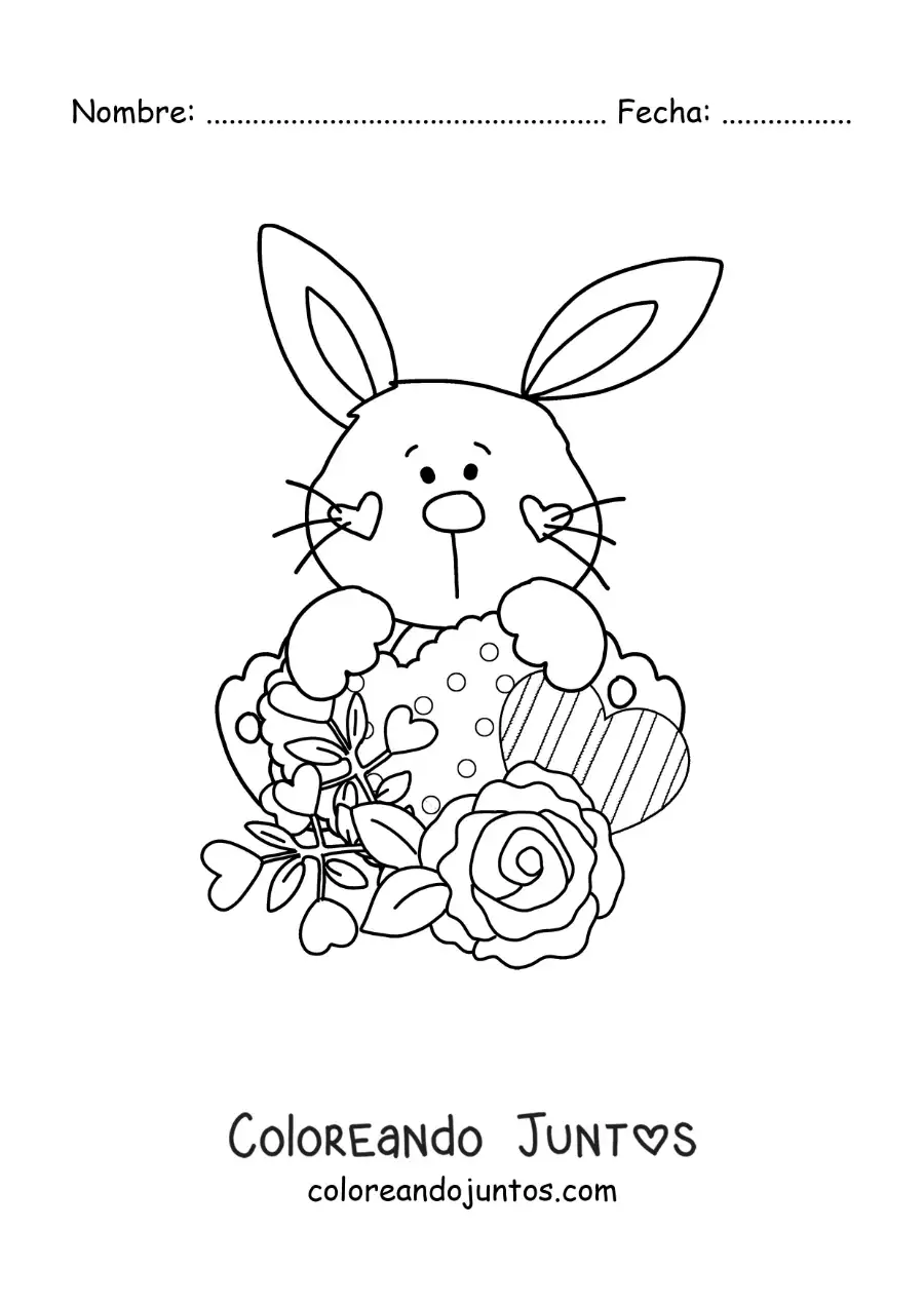 Imagen para colorear de lindo conejito animado con rosas y corazones