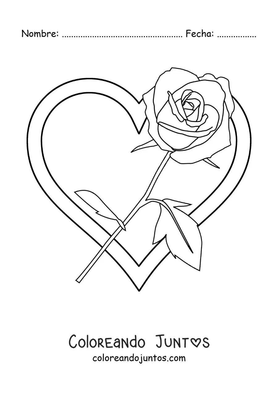 Imagen para colorear de corazón grande con una rosa