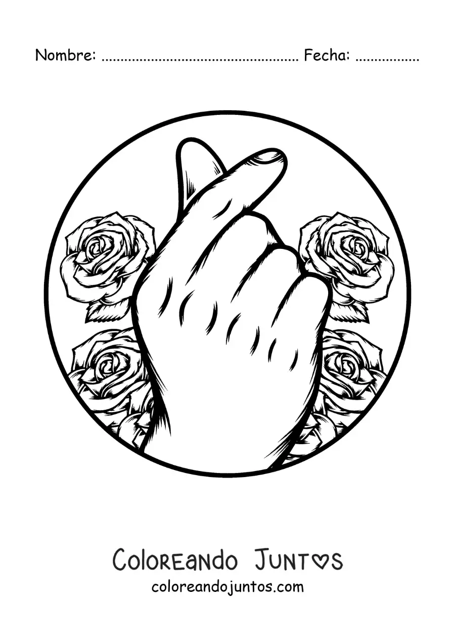 Imagen para colorear de mano haciendo el gesto de corazón coreano con rosas