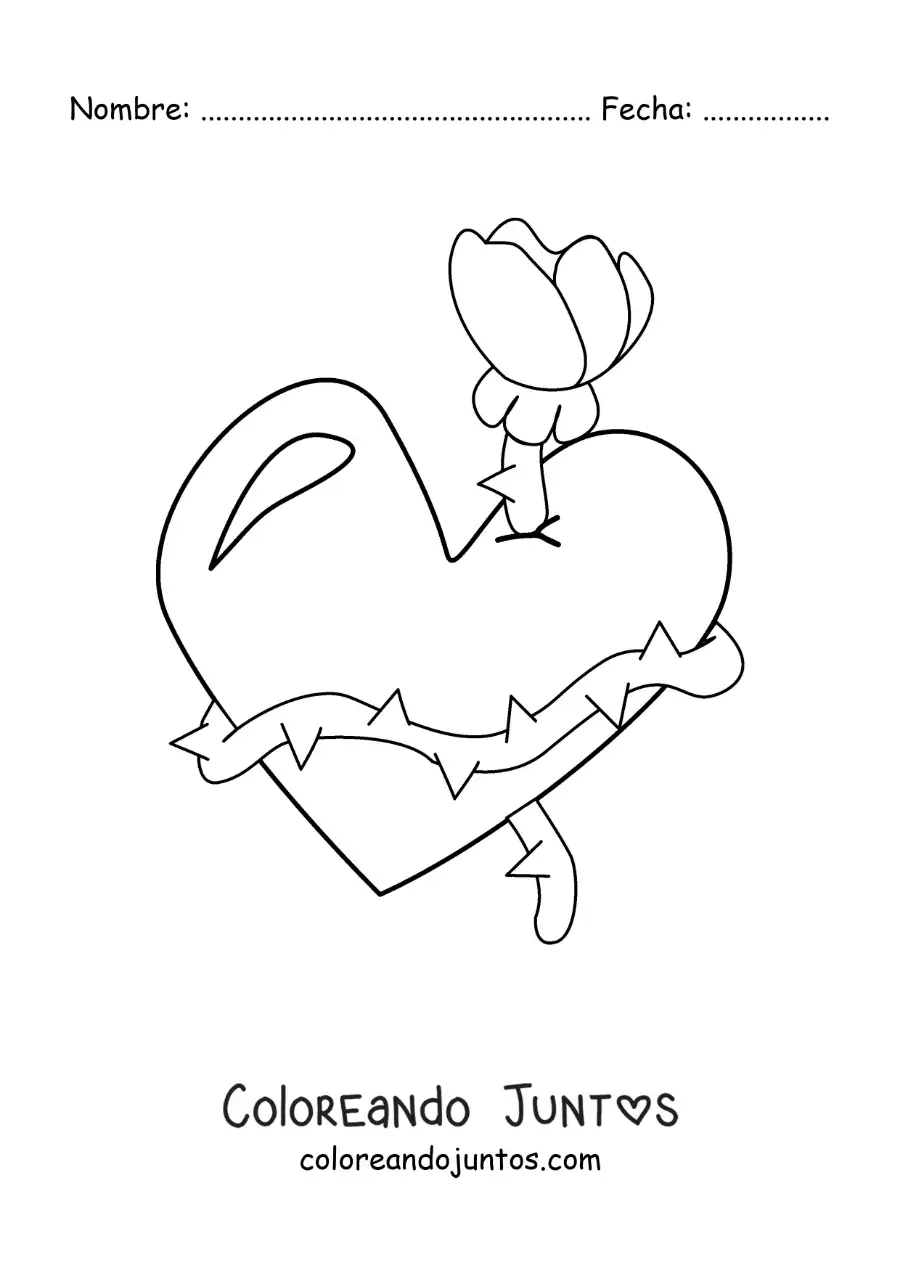 Imagen para colorear de corazón rodeado de una rosa con espinas