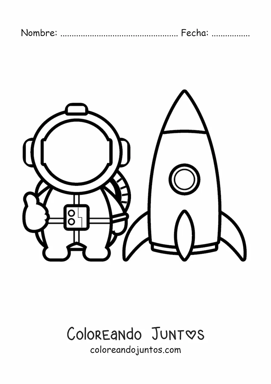 Imagen para colorear de un astronauta animado junto a un cohete espacial