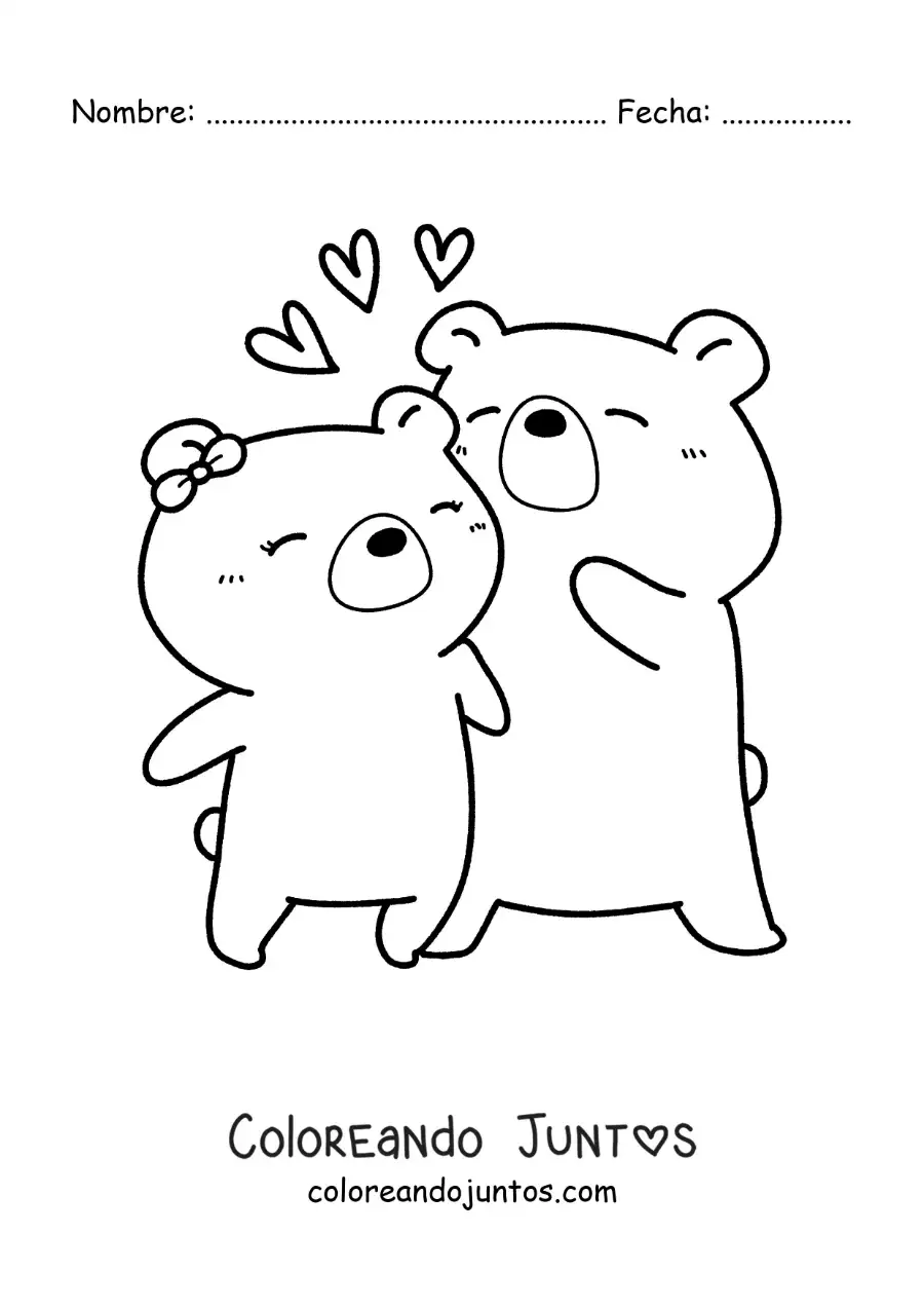 Imagen para colorear de dos osos enamorados con corazones