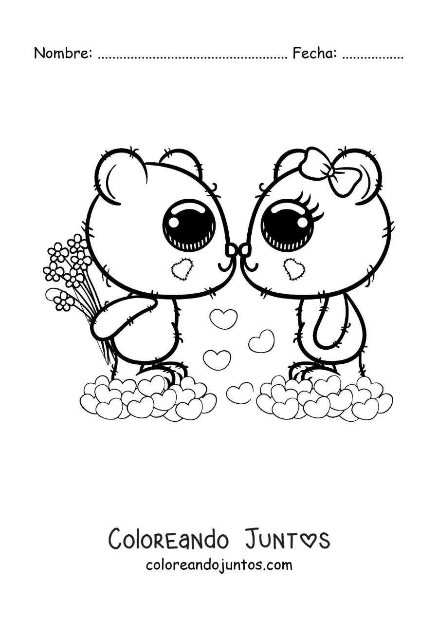 Imagen para colorear de pareja de osos kawaii enamorados con rosas y corazones
