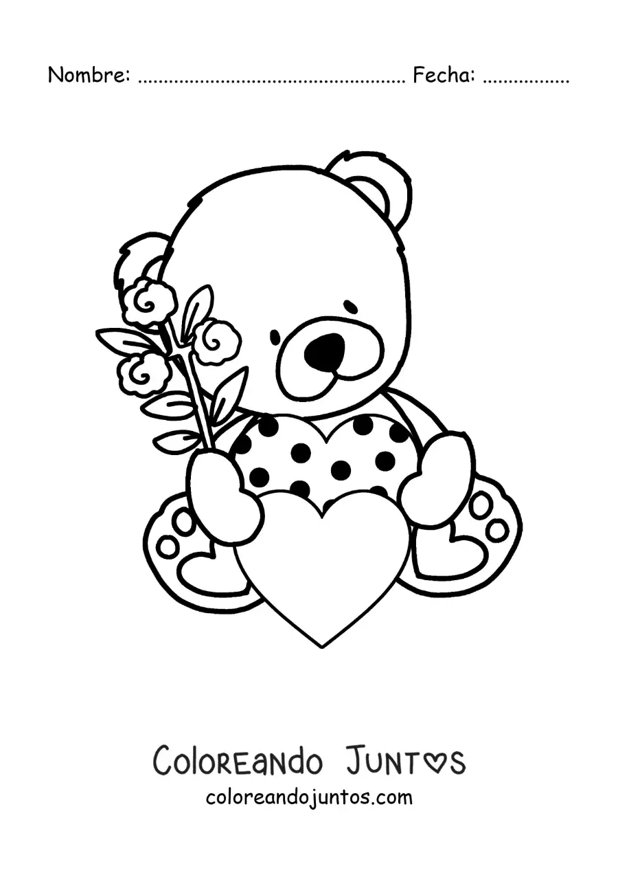 Imagen para colorear de tierno oso de peluche sentado con corazones y una rosa de san valentín
