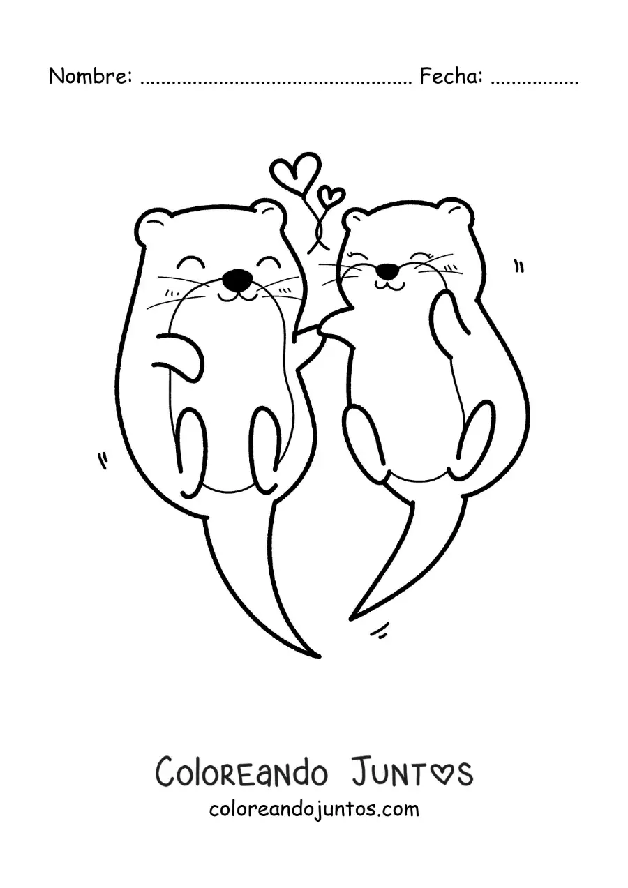 Imagen para colorear de pareja de nutrias kawaii enamoradas