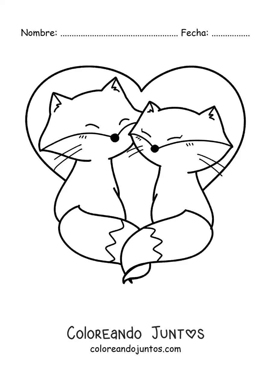 Imagen para colorear de pareja de zorros kawaii enamorados