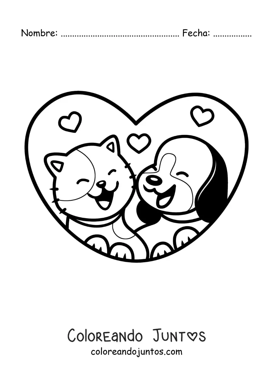 Imagen para colorear de oso y gato kawaii enamorados en un corazón