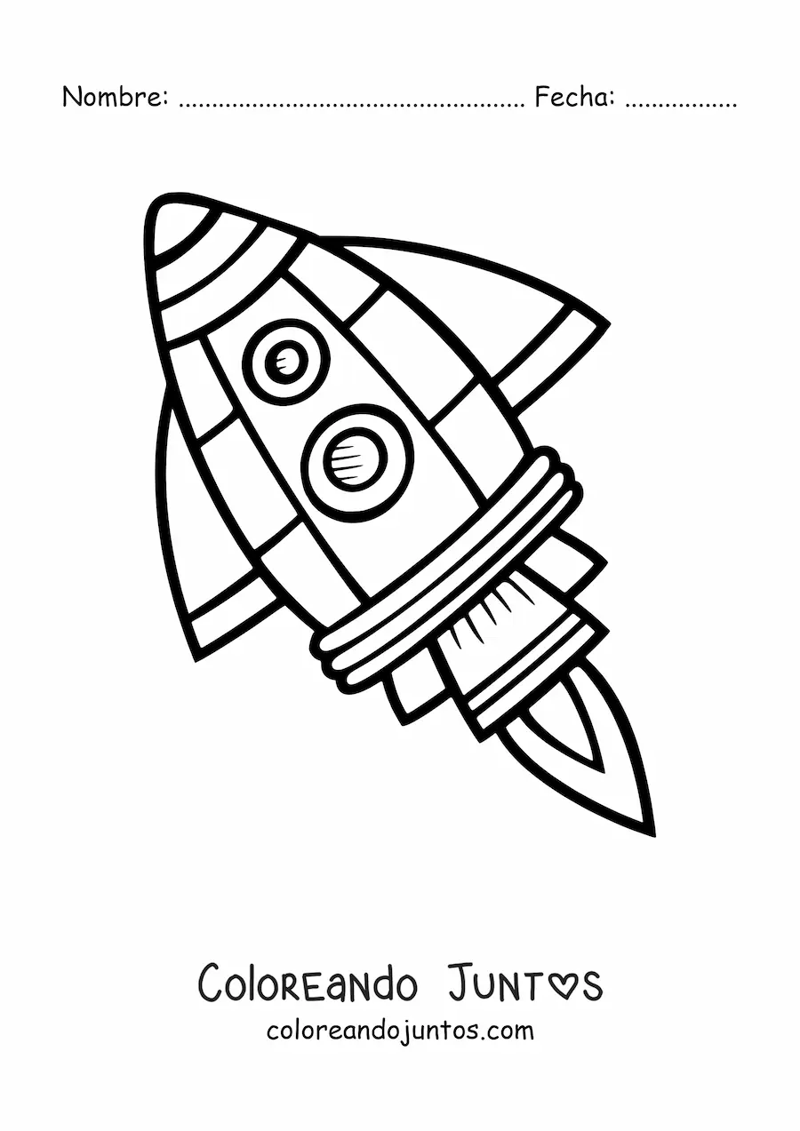Imagen para colorear de un cohete espacial volando inclinado hacia la izquierda