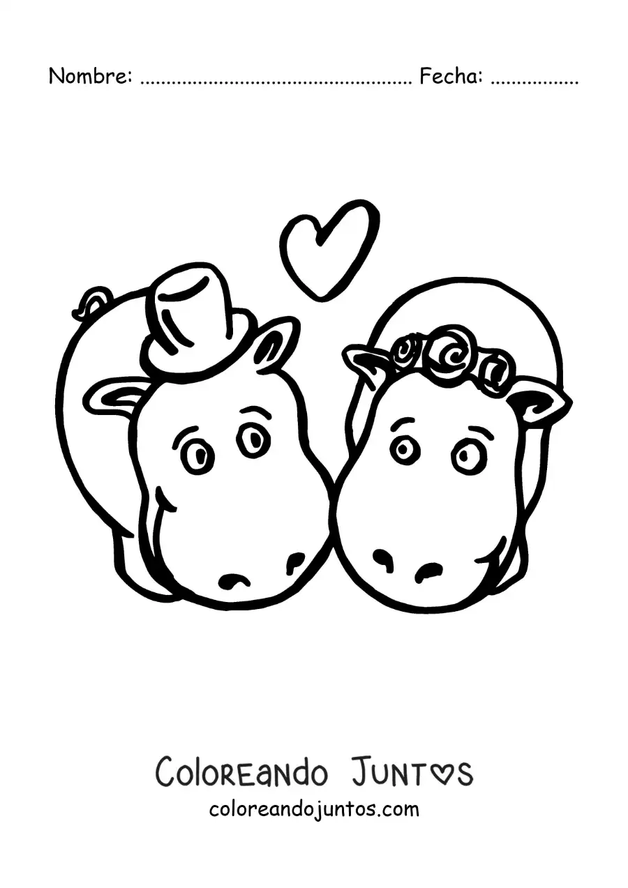 Imagen para colorear de pareja de hipopótamos kawaii enamorados