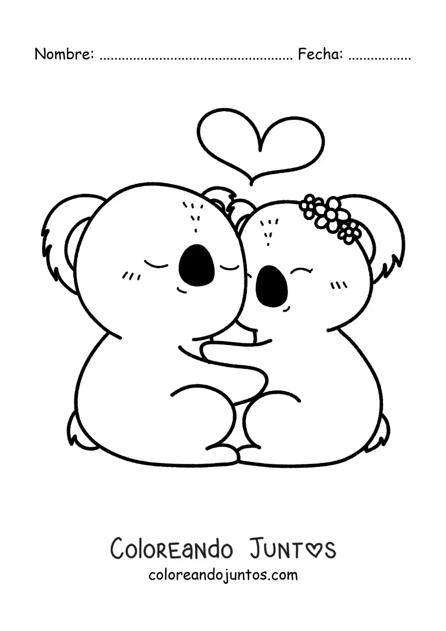 Imagen para colorear de pareja de koalas kawaii enamorados