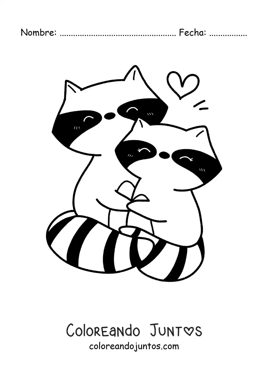 Imagen para colorear de pareja de mapaches kawaii enamorados