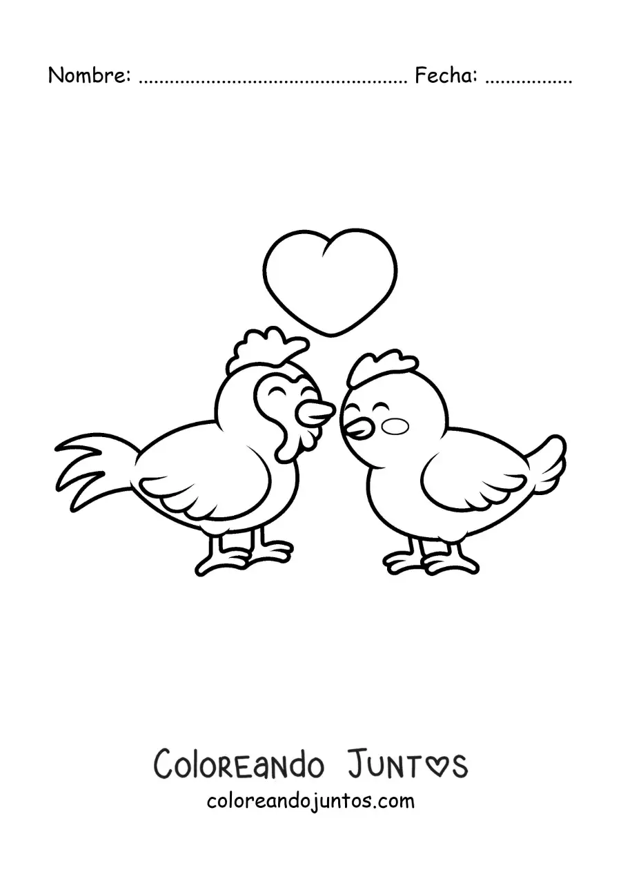 Imagen para colorear de pareja de gallo y gallina kawaii enamorados