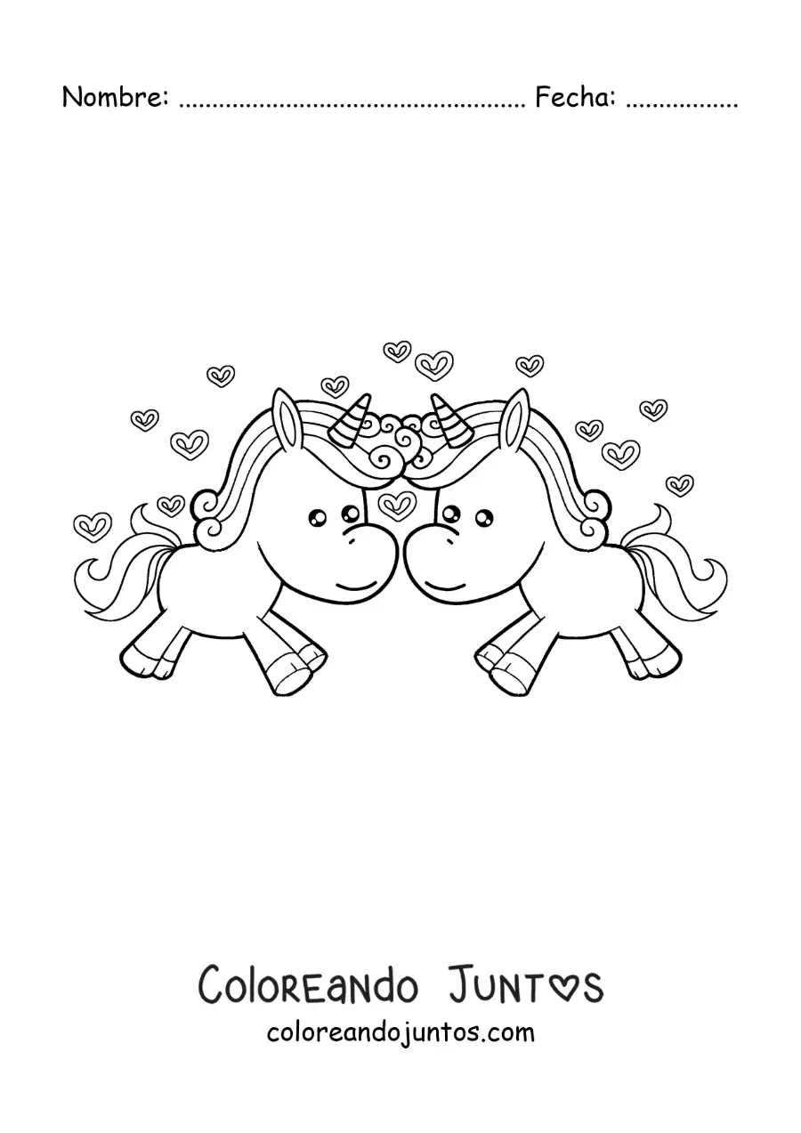 Imagen para colorear de pareja de unicornios animados enamorados