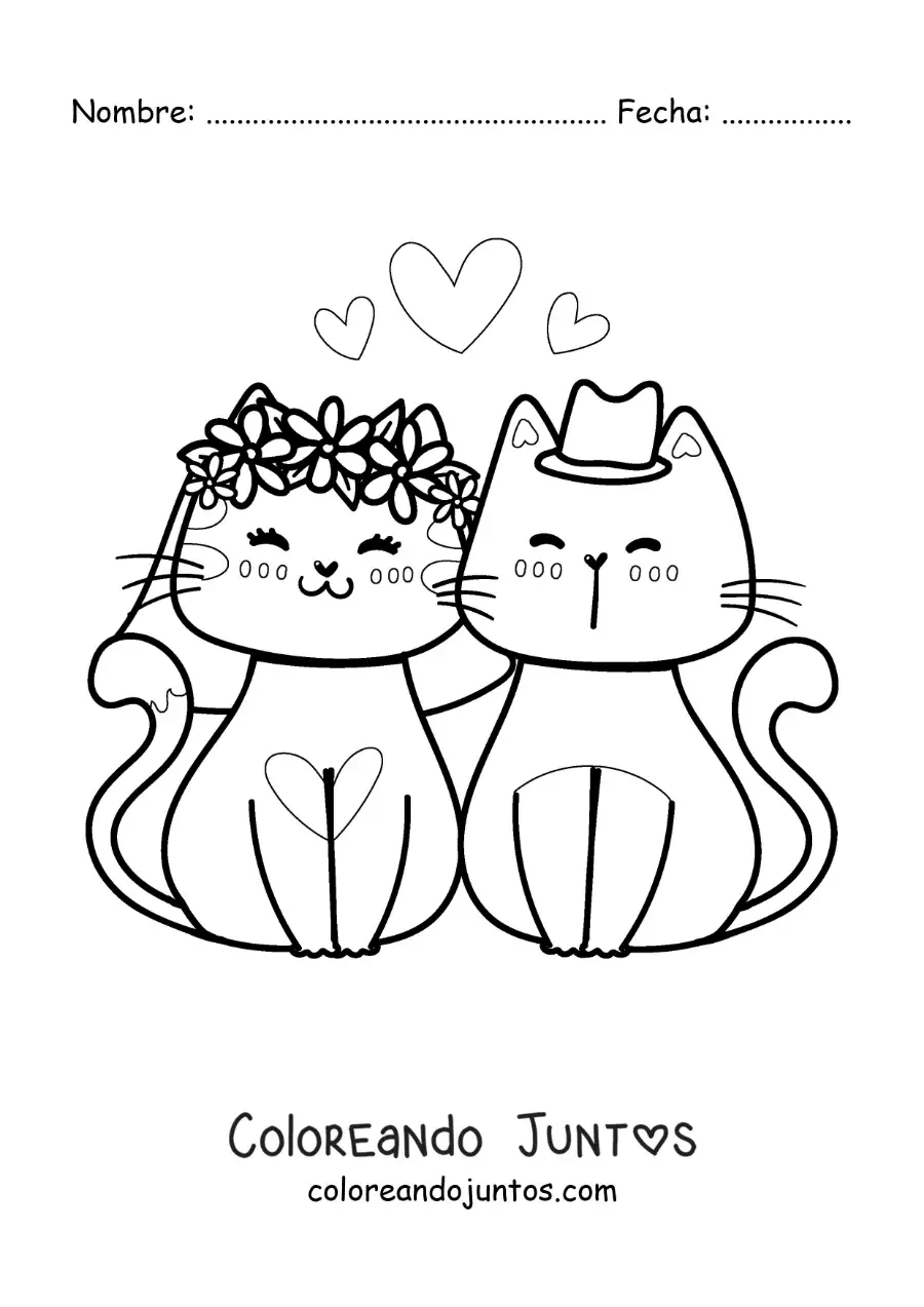 Imagen para colorear de matrimonio de gatitos kawaii con corazones