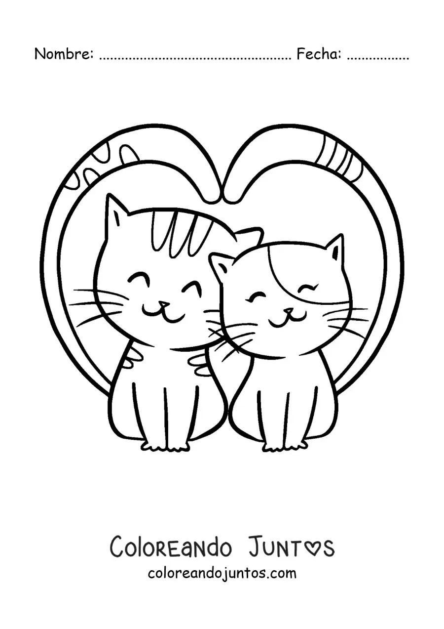 Imagen para colorear de gatos enamorados con sus colas formando un corazón