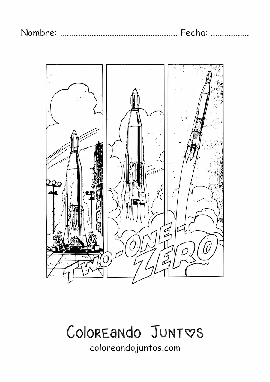 Imagen para colorear de una viñeta con el lanzamiento de un cohete realista