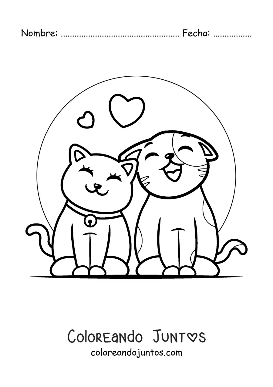 Imagen para colorear de gatos enamorados maullando con corazones