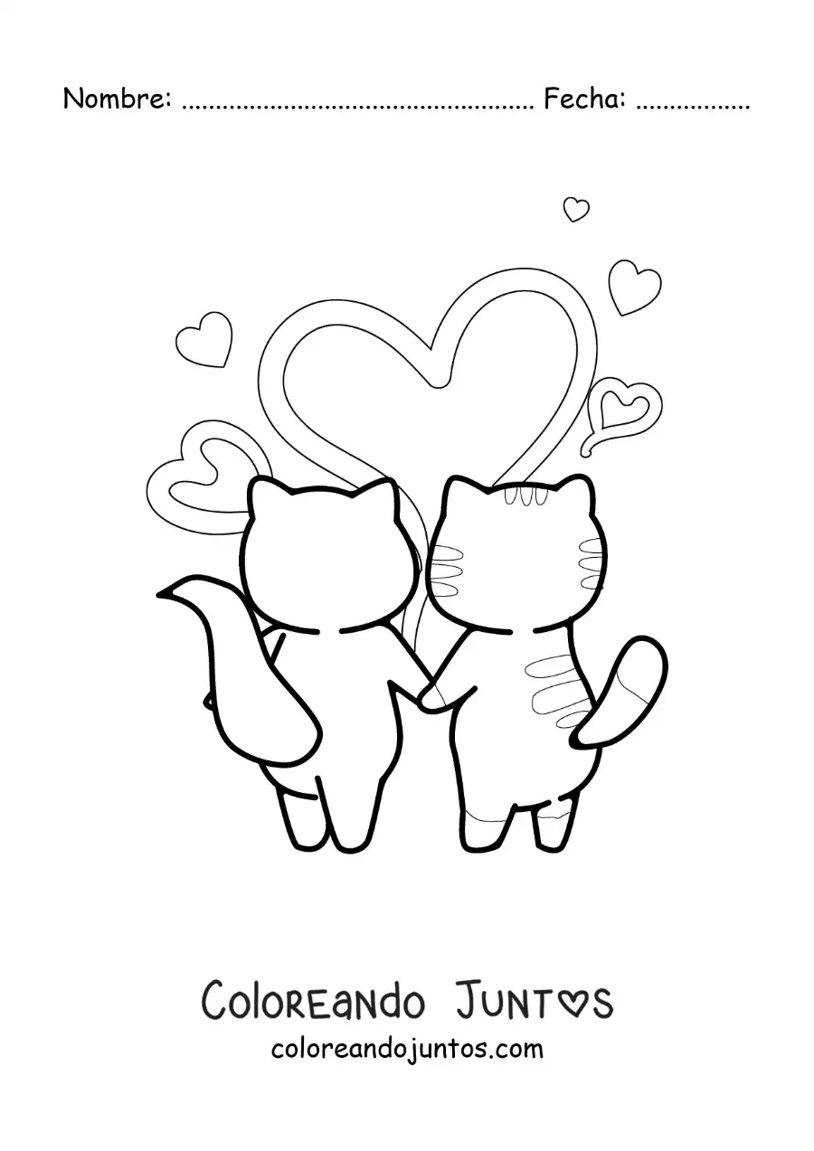 Imagen para colorear de pareja de gatitos tomados de las patas con corazones