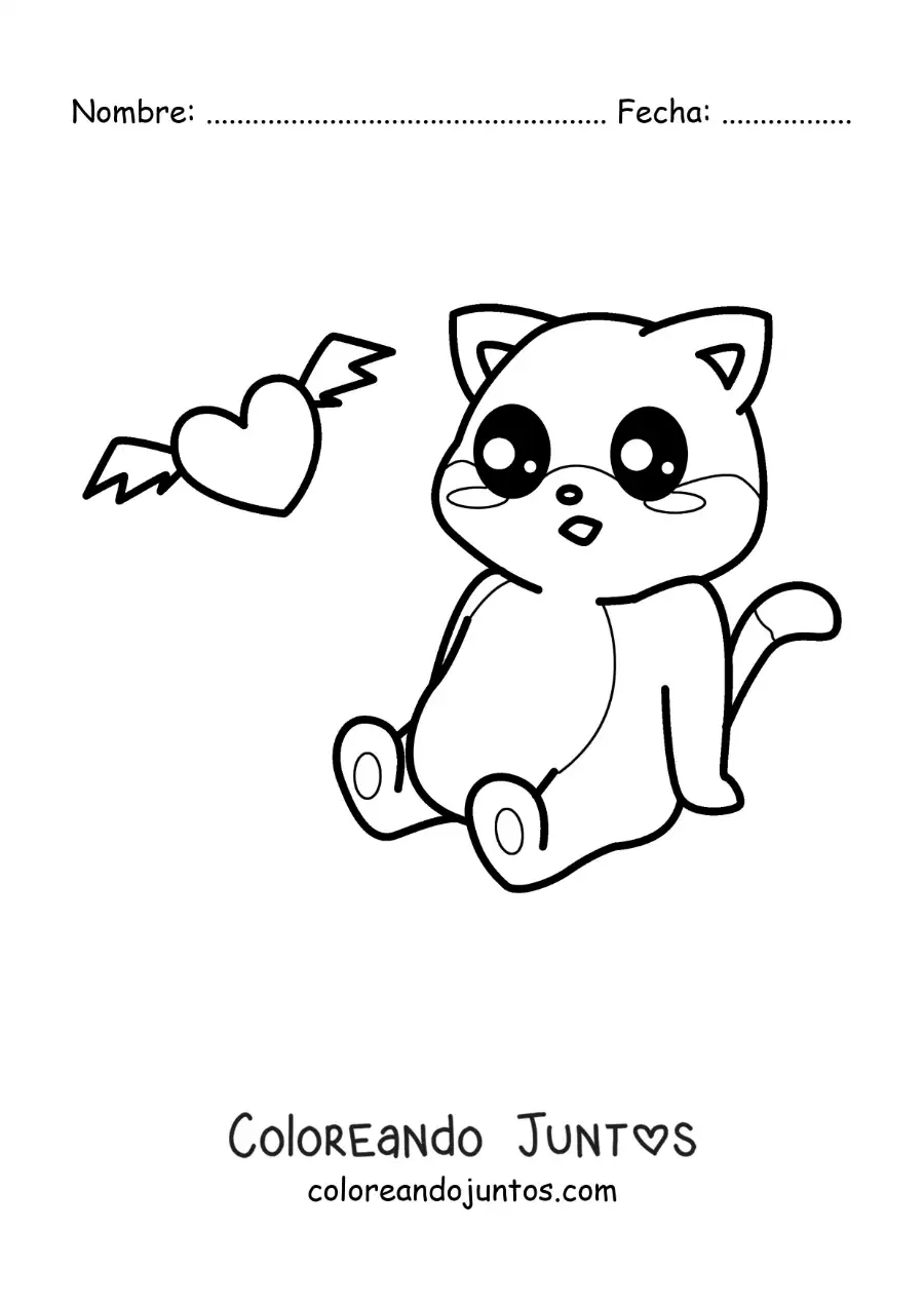 Imagen para colorear de gato kawaii animado sentado con un corazón con alas