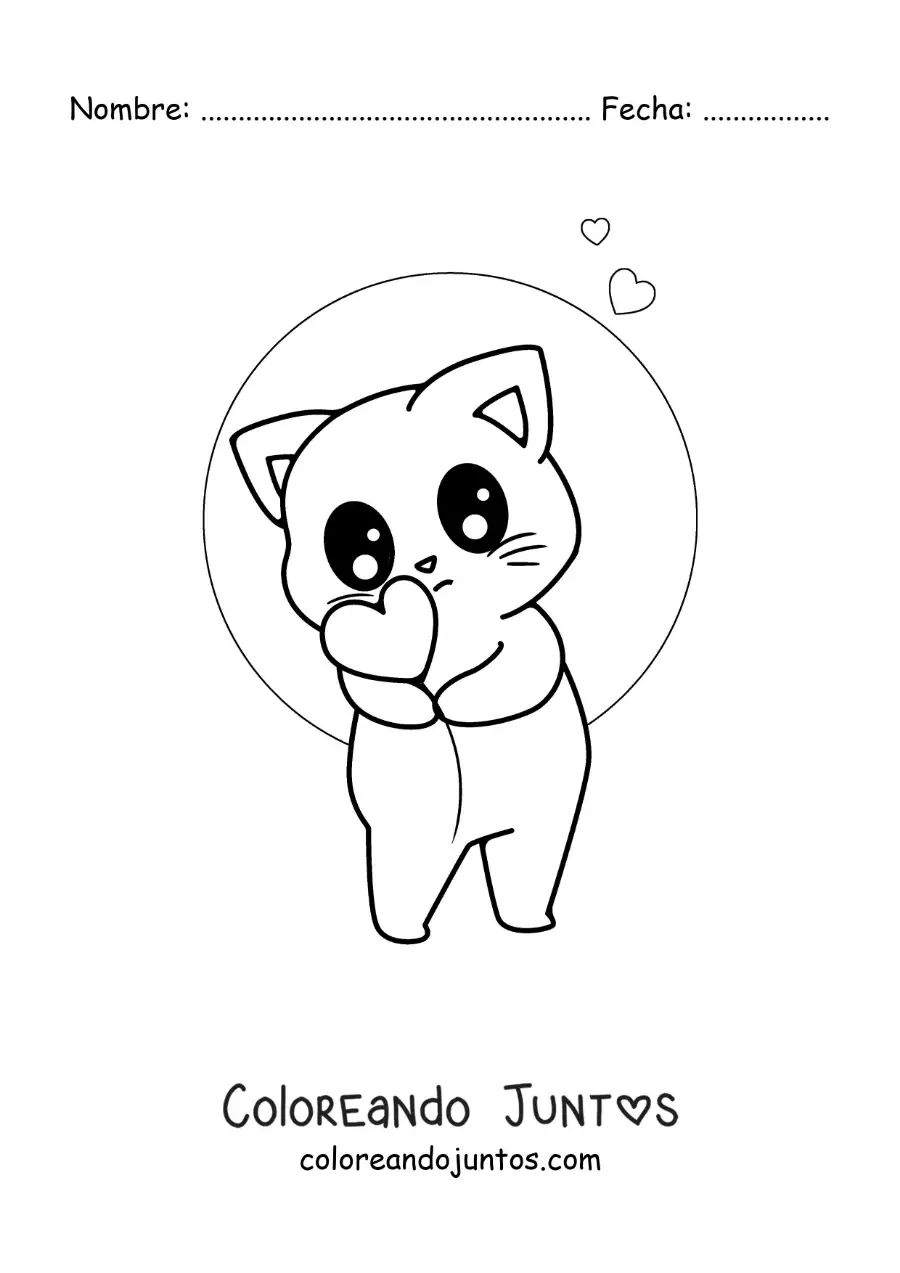Imagen para colorear de gato kawaii animado con un globo de corazón