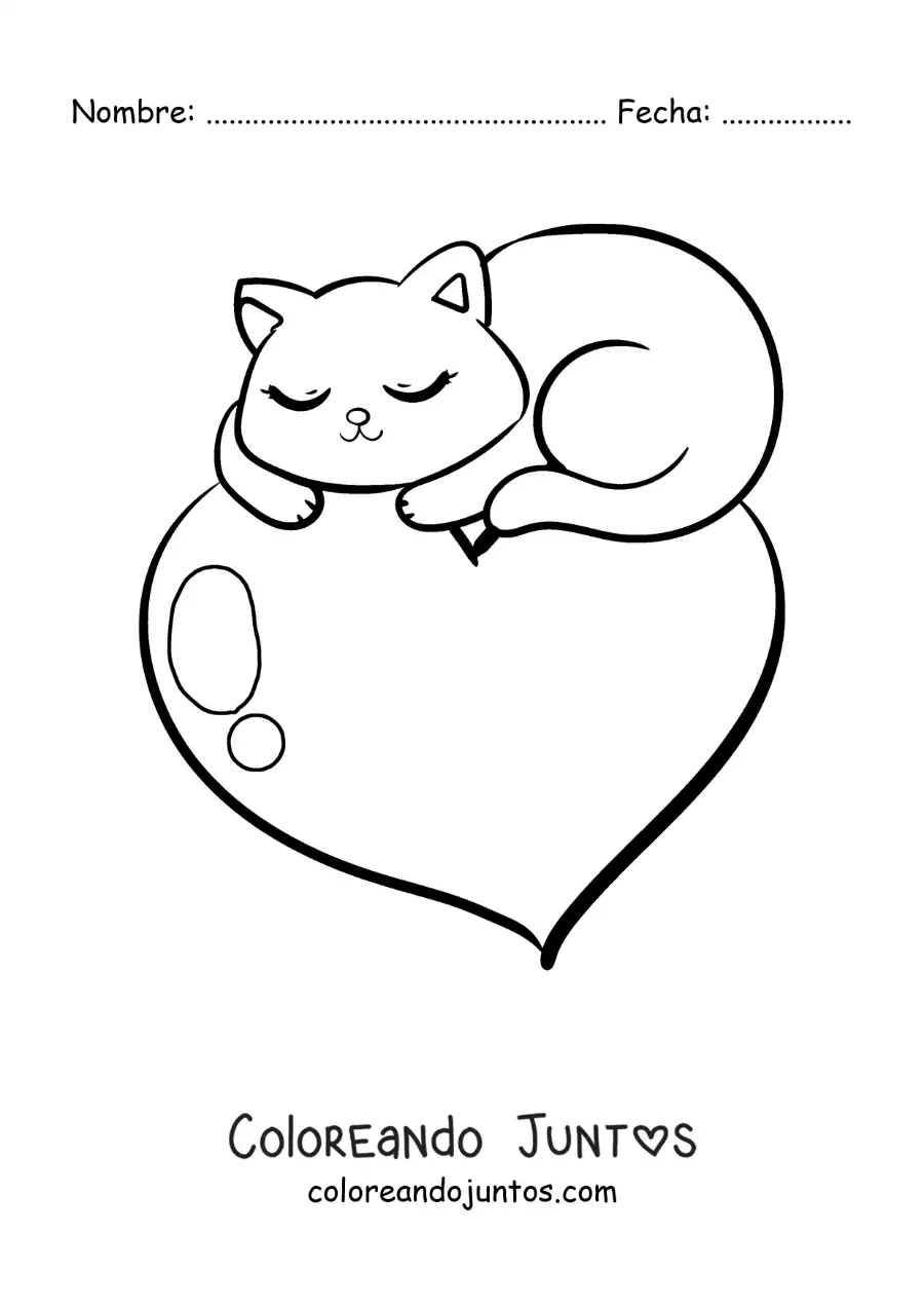 Imagen para colorear de tierno gatito durmiendo sobre un corazón
