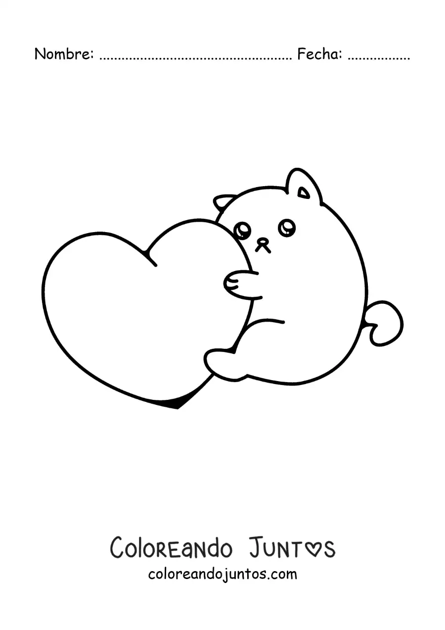 Imagen para colorear de tierno gatito abrazando un corazón