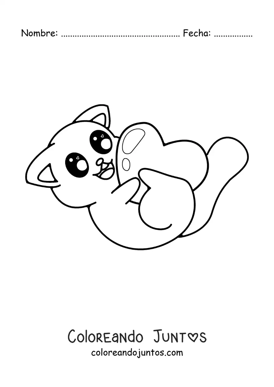 Imagen para colorear de gato kawaii jugando con un corazón