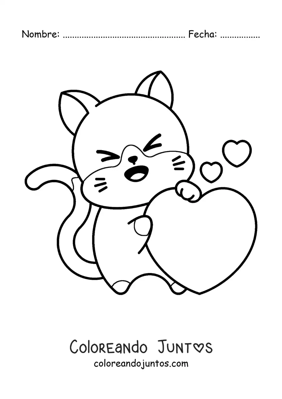 Imagen para colorear de gato kawaii con un corazón grande