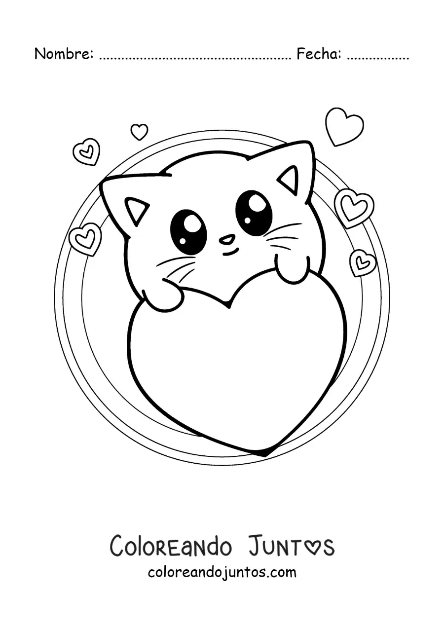 Imagen para colorear de tierno gato kawaii con corazones de san valentín