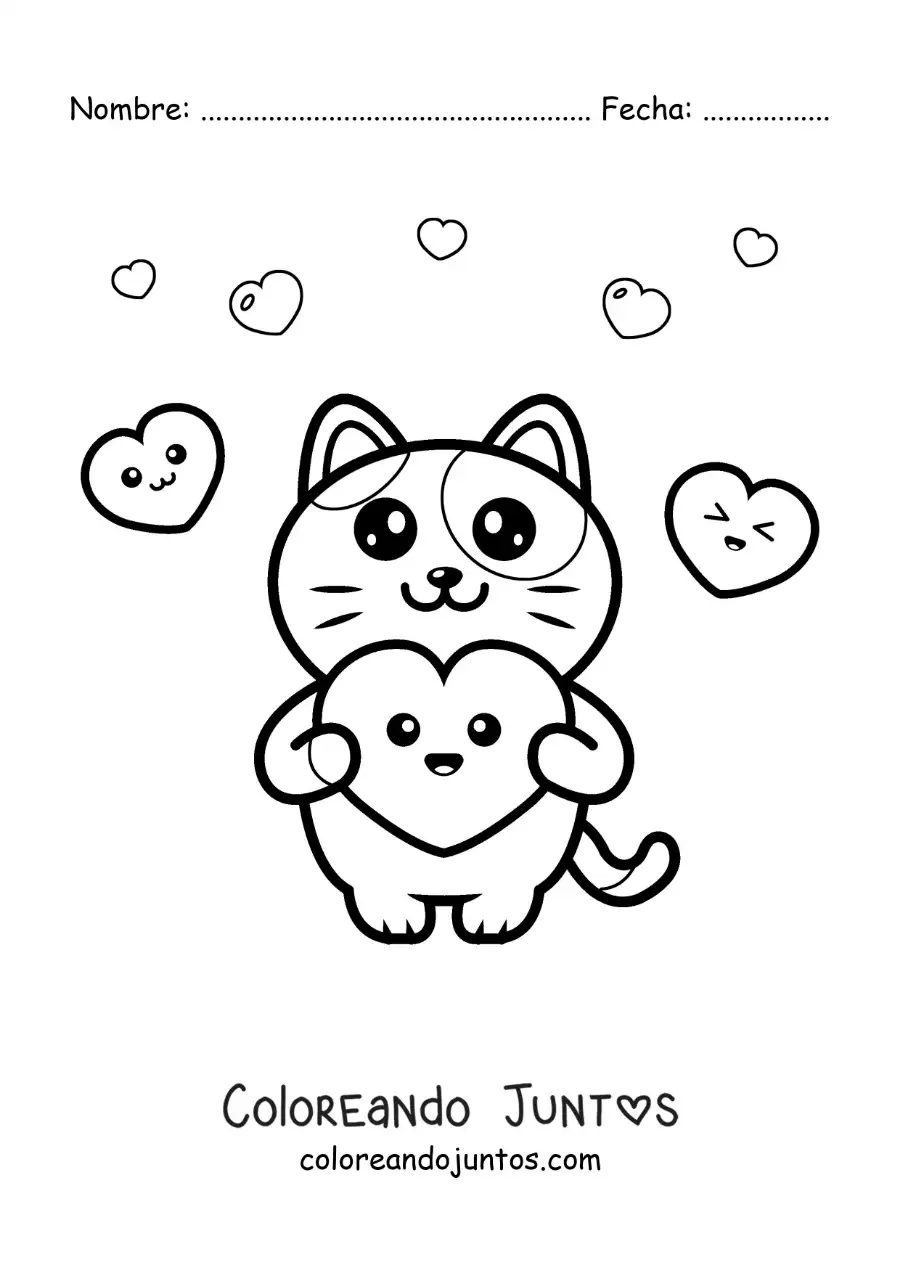 Imagen para colorear de tierno gato animado con corazones kawaii