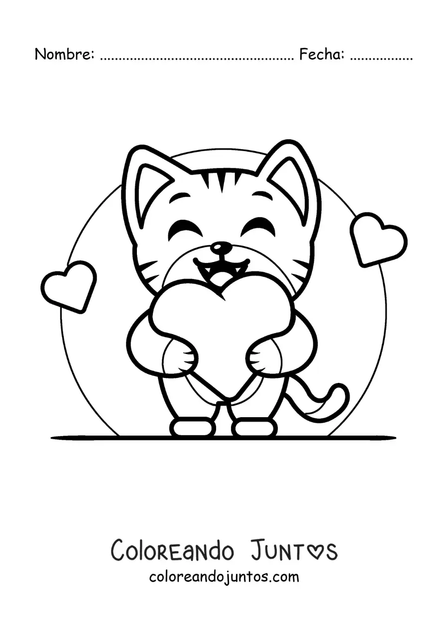 Imagen para colorear de gato animado con corazones