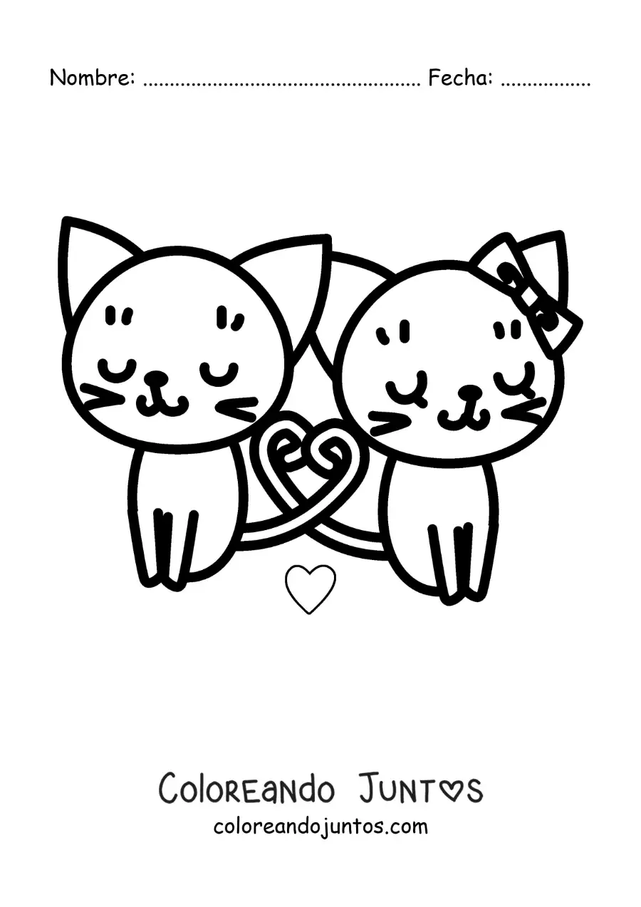 Imagen para colorear de tiernos gatitos enamorados con sus colas formando un corazón