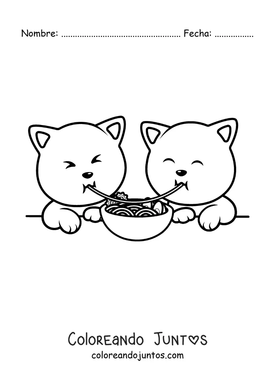 Imagen para colorear de gatitos enamorados cenando espaguetis