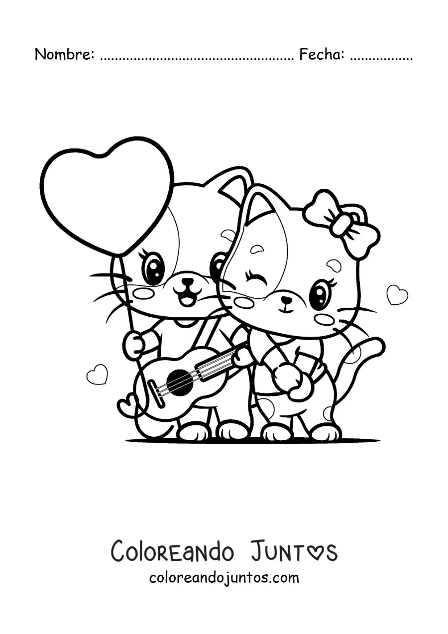 Imagen para colorear de gatitos rockeros enamorados con un globo de corazón