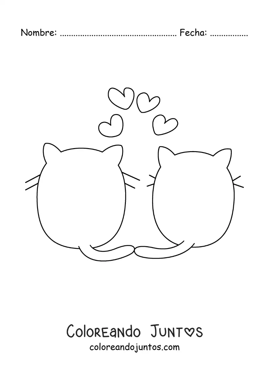 Imagen para colorear de silueta de dos gatos enamorados con corazones