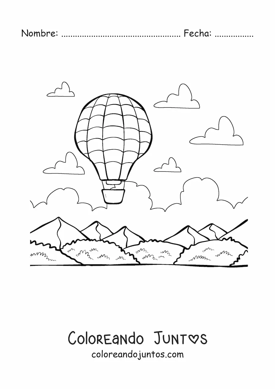 Imagen para colorear de un globo aerostático volando entre montañas