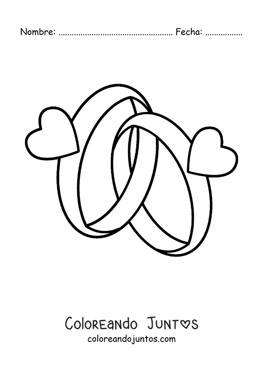 Imagen para colorear de anillos de boda entrelazados con corazones