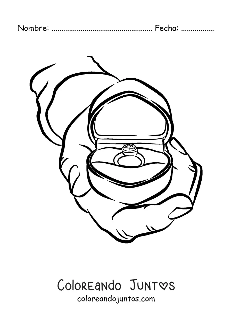 Imagen para colorear de una mano con un anillo de compromiso en su caja con forma de corazón