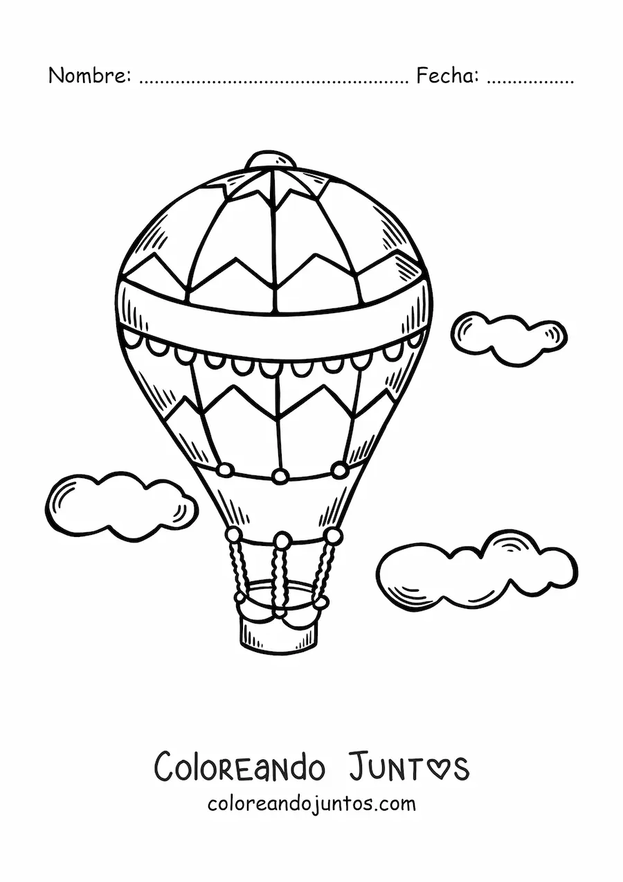 Imagen para colorear de un globo aerostático volando en el cielo