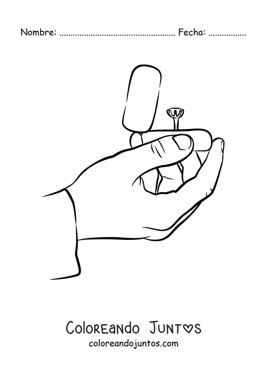 Imagen para colorear de una mano con un anillo de compromiso en su caja